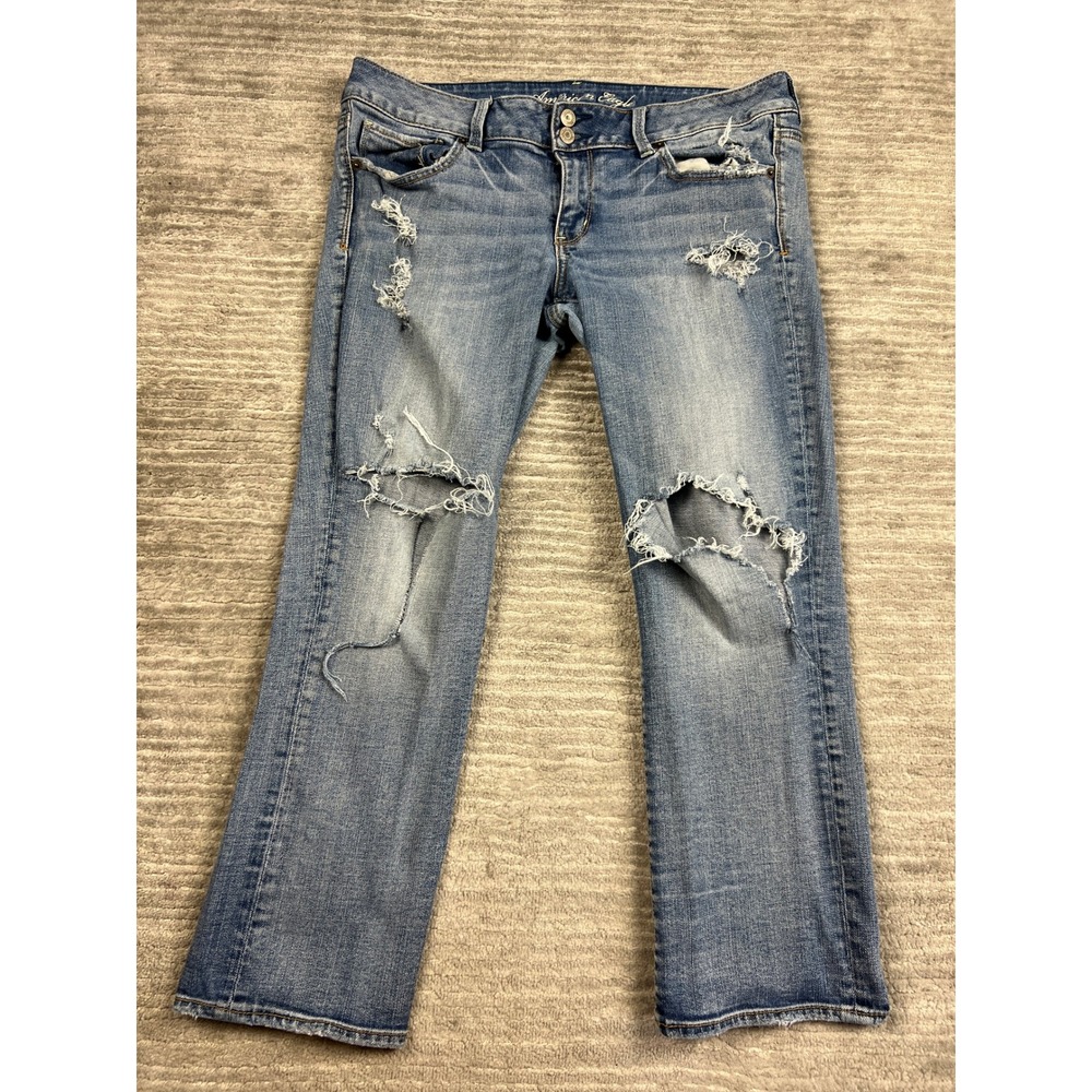 American Eagle Jeans Womens 12 Blue Artist Distressed Ripped Flare Stretch Denim